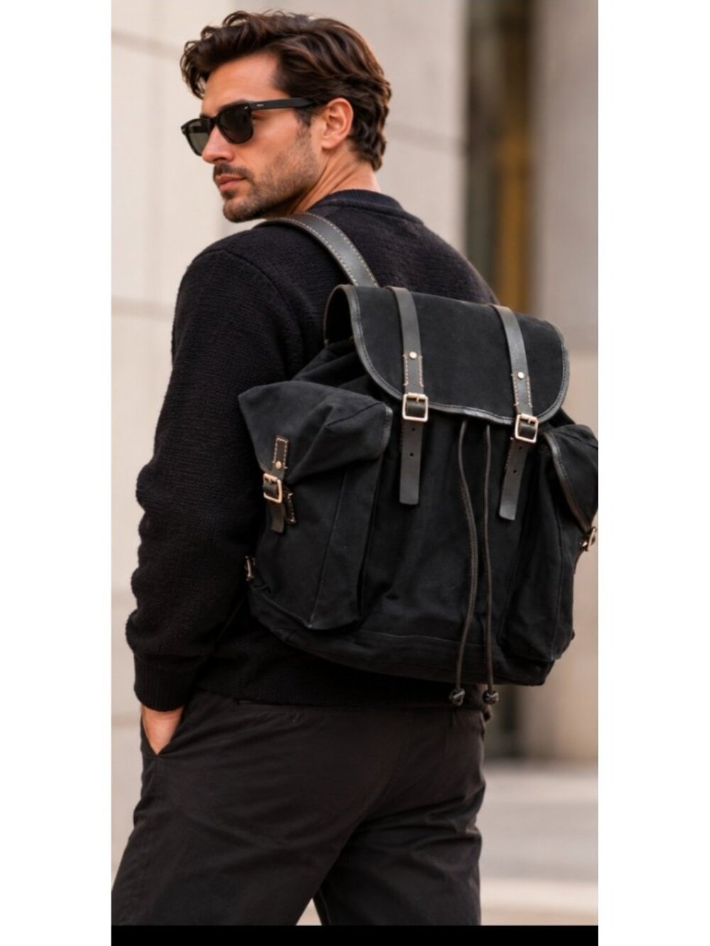 Banana Republic Black Cotton Canvas Leather Trim Utility Backpack